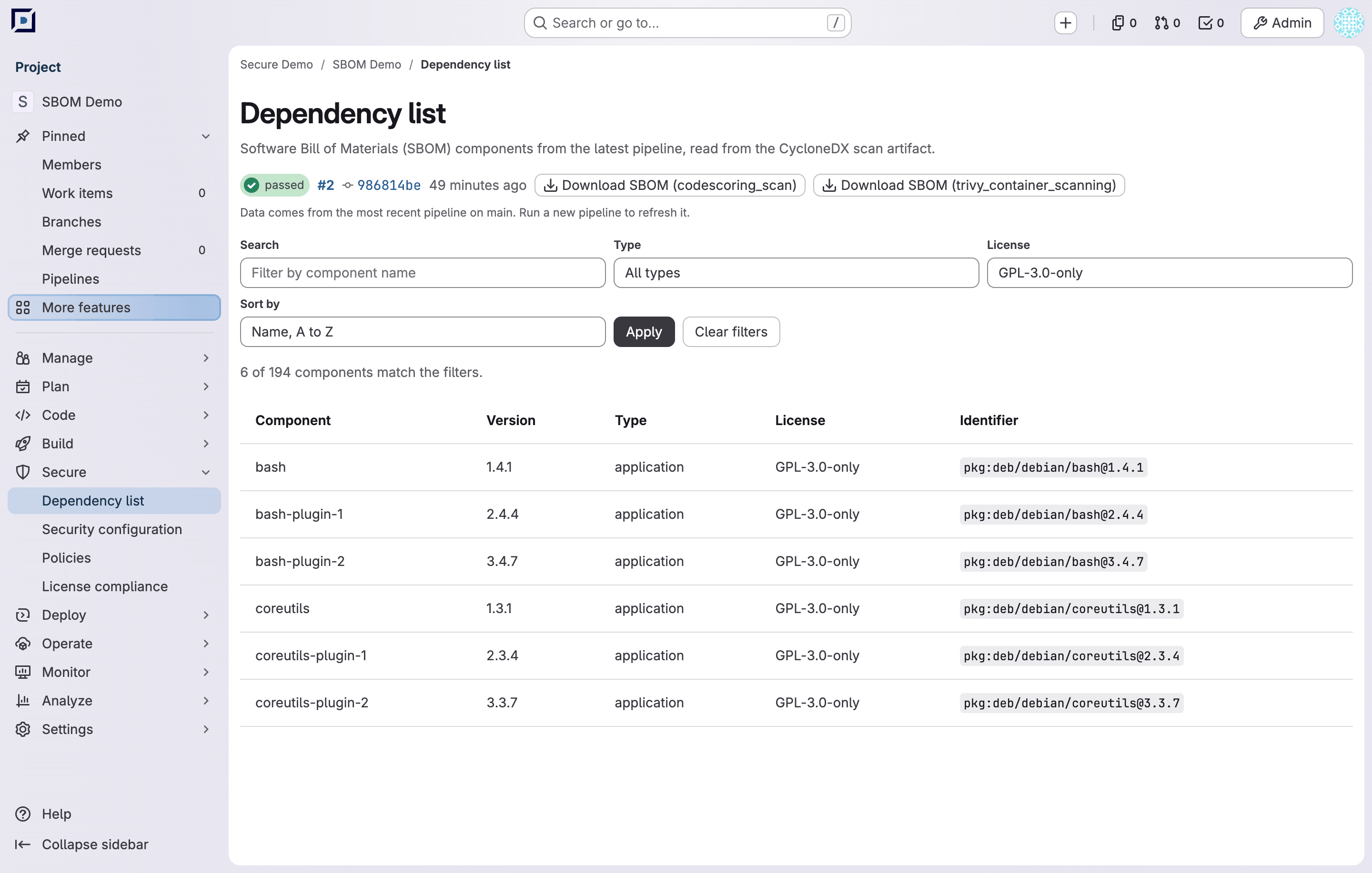 The dependency list filtered by a license