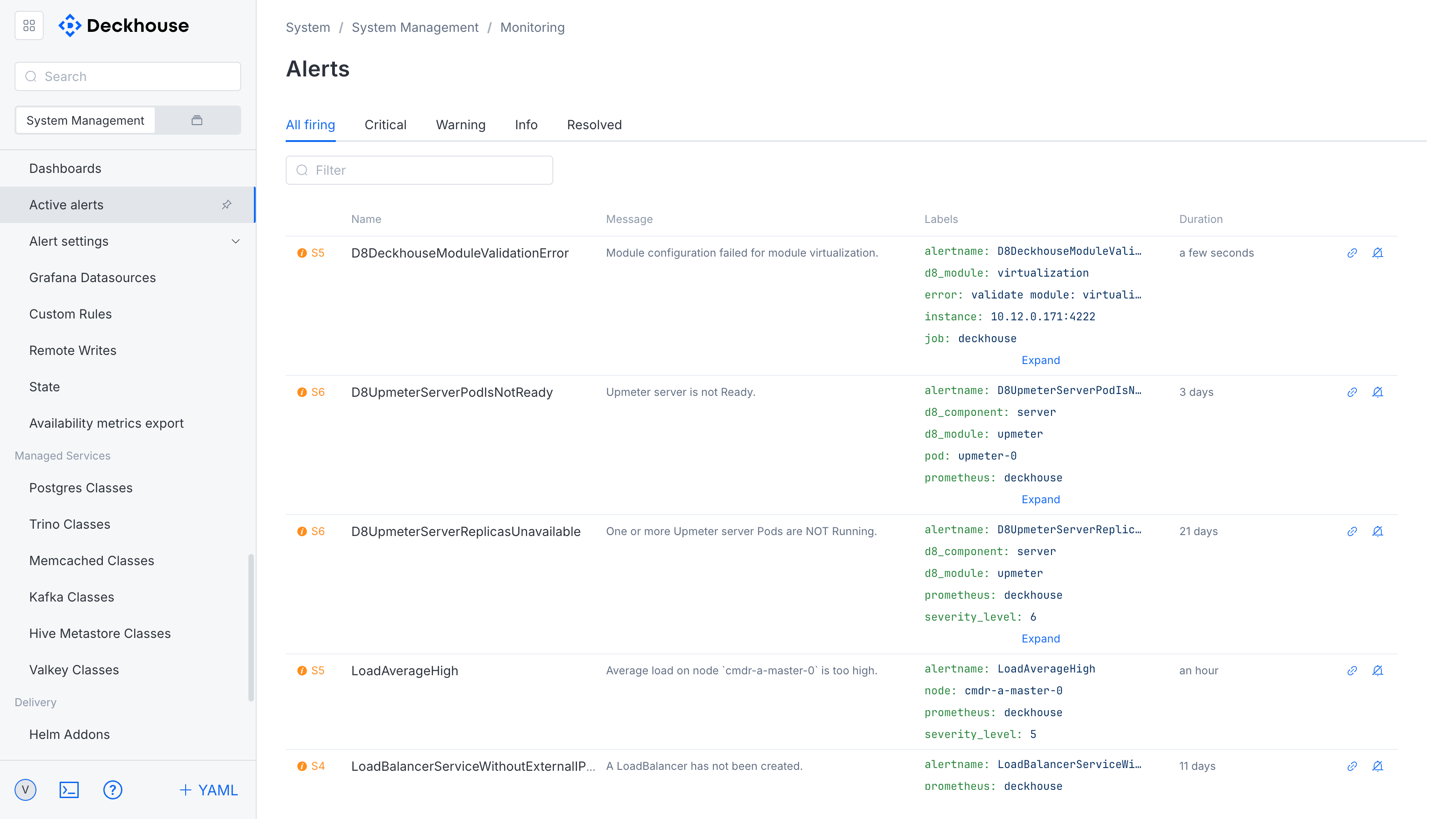 "Active alerts" subsection interface