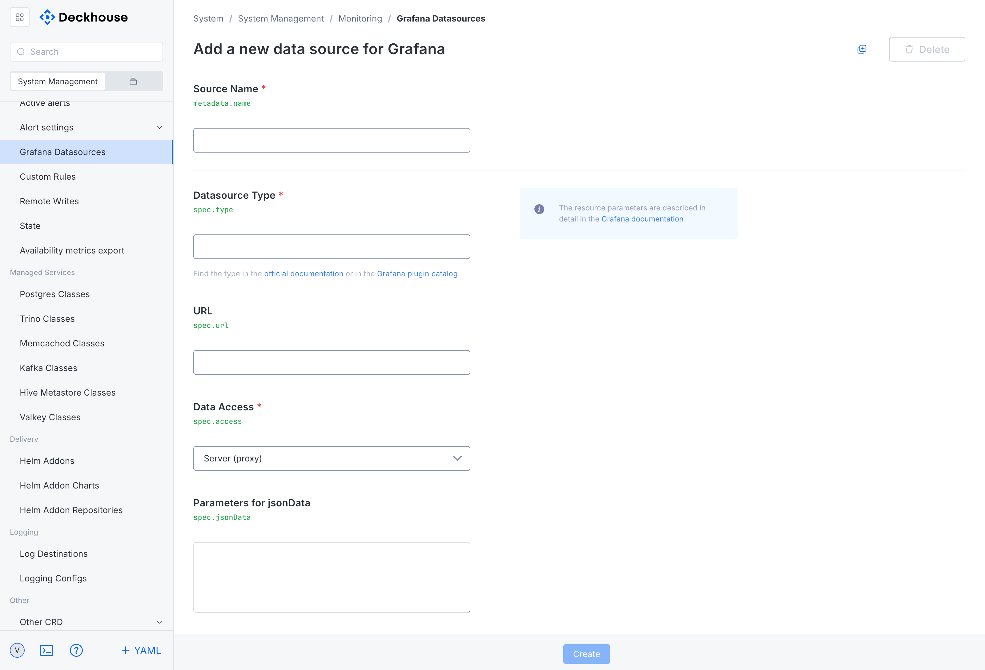 New Grafana data source creation form