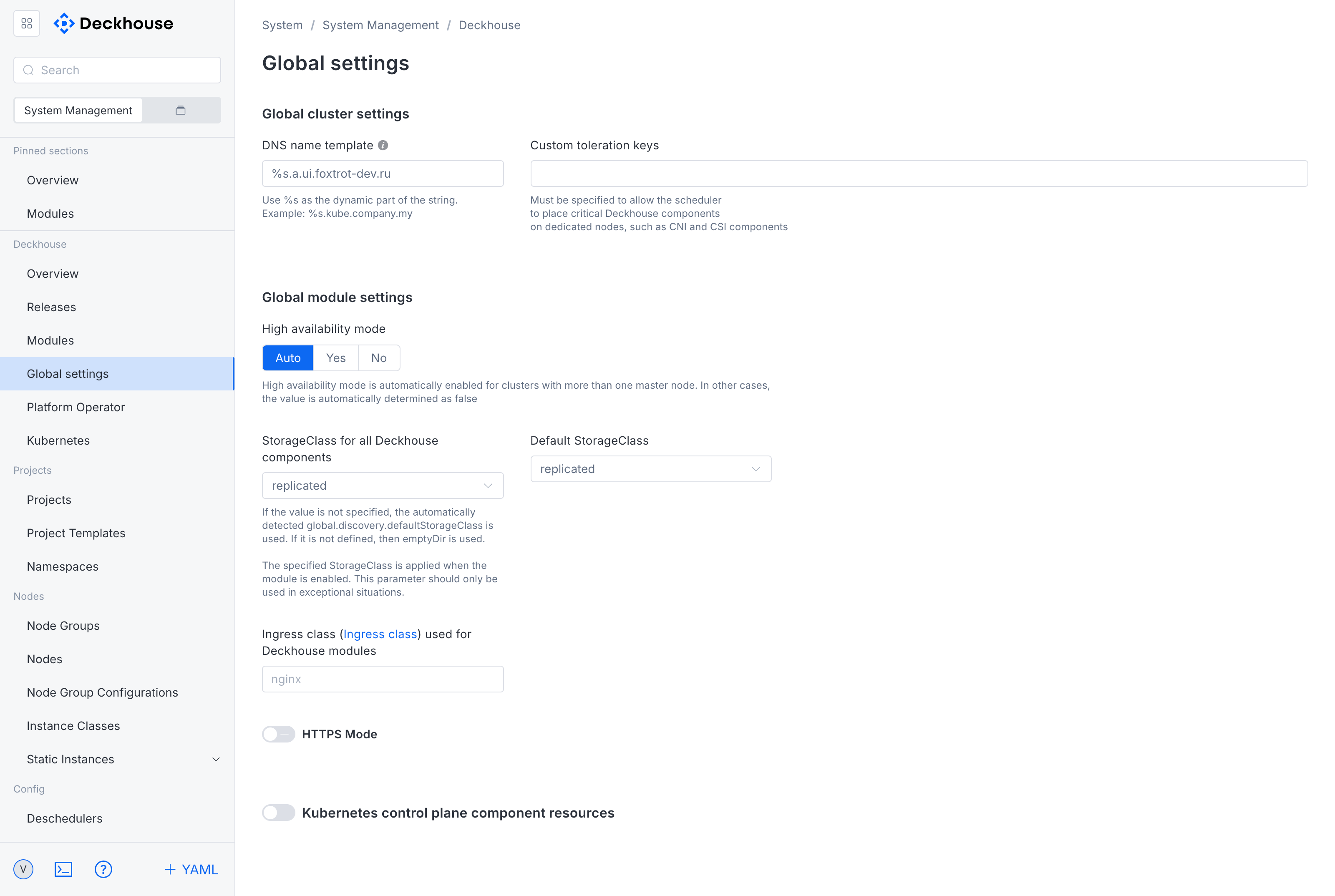 "Global settings" subsection interface