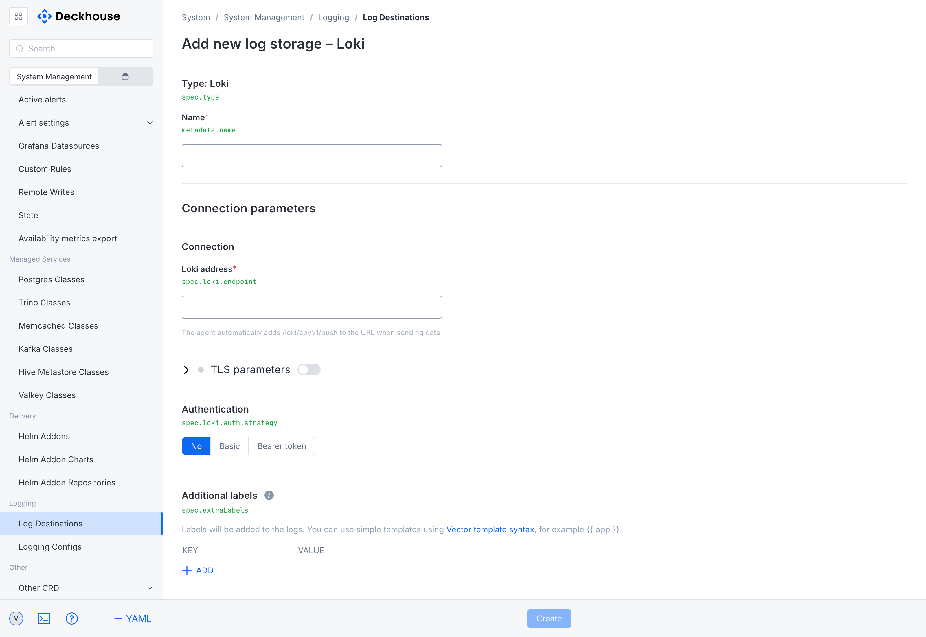 Log delivery configuration form