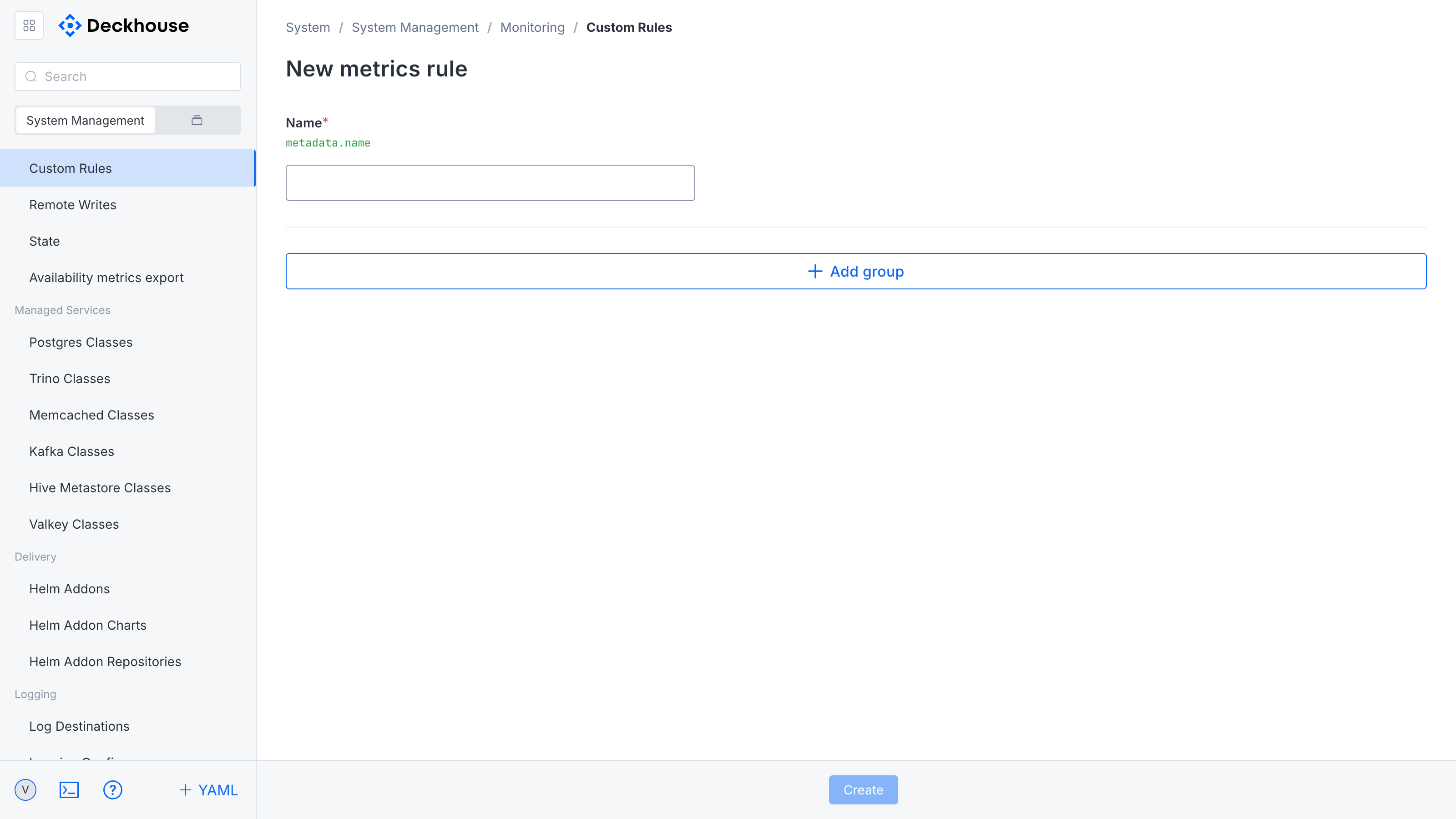 New metric processing rule creation form