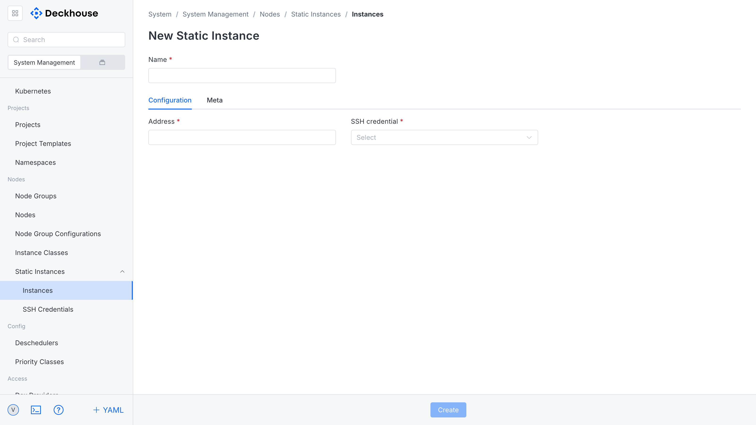 New instance creation form