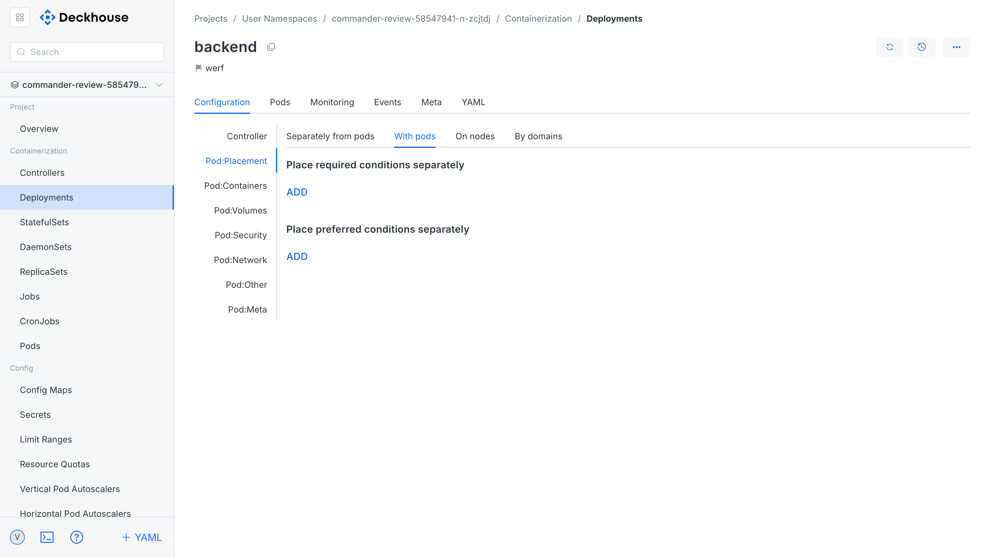 Configuring a Deployment in a user namespace