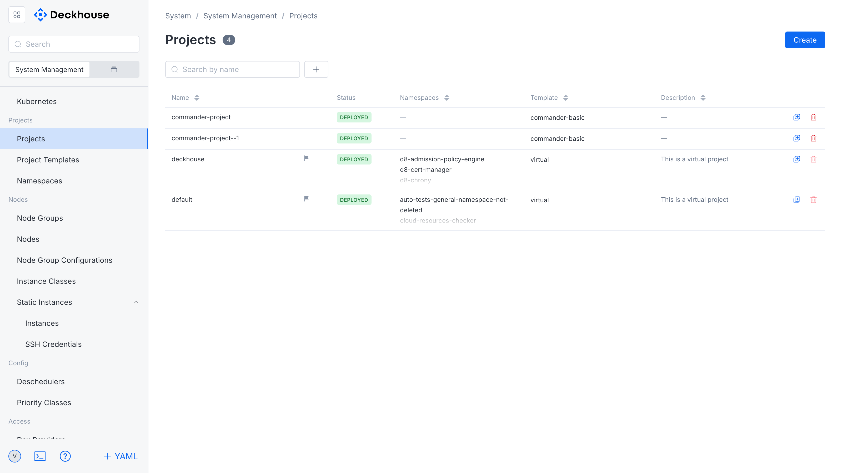 "Projects" subsection interface