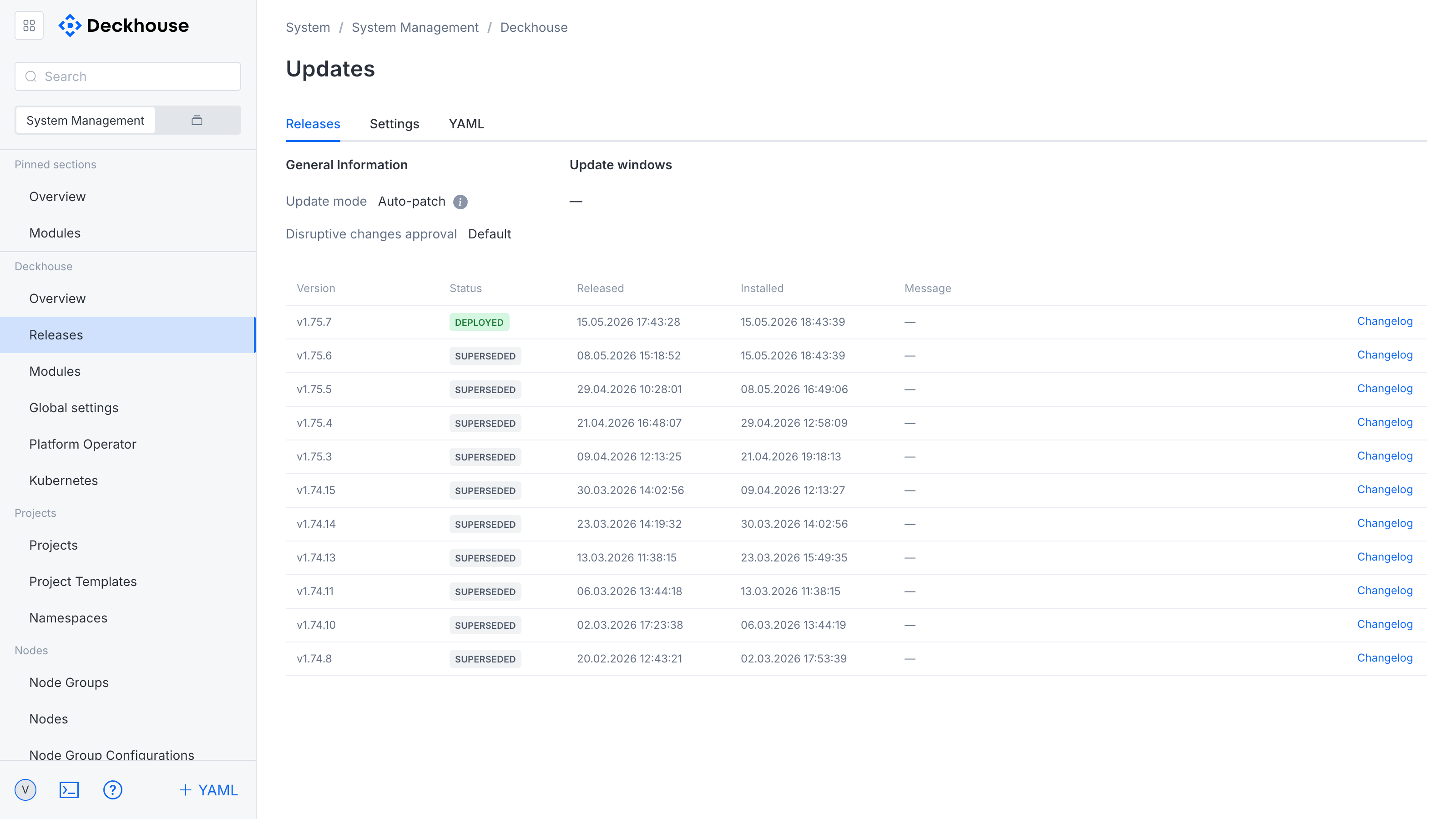 "Updates" subsection interface