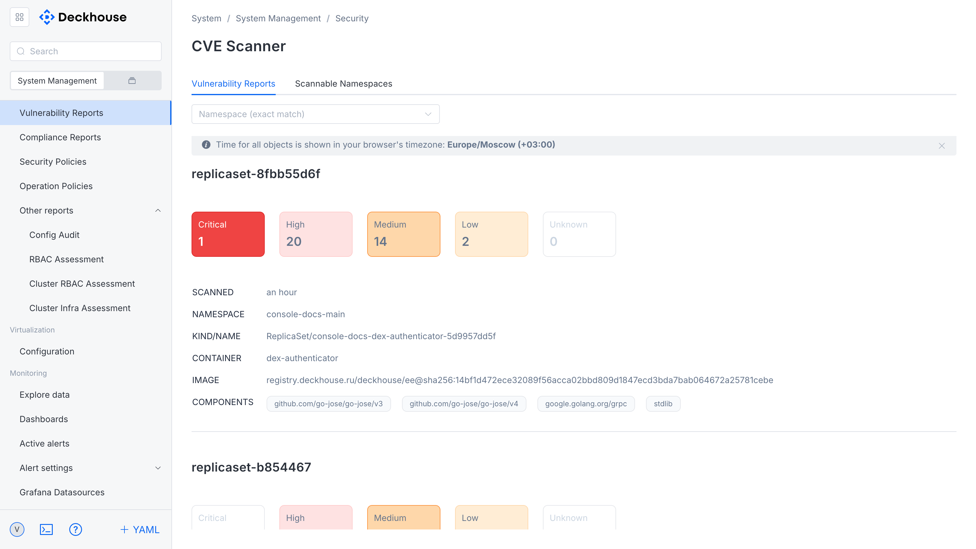 "CVE scanner" subsection interface