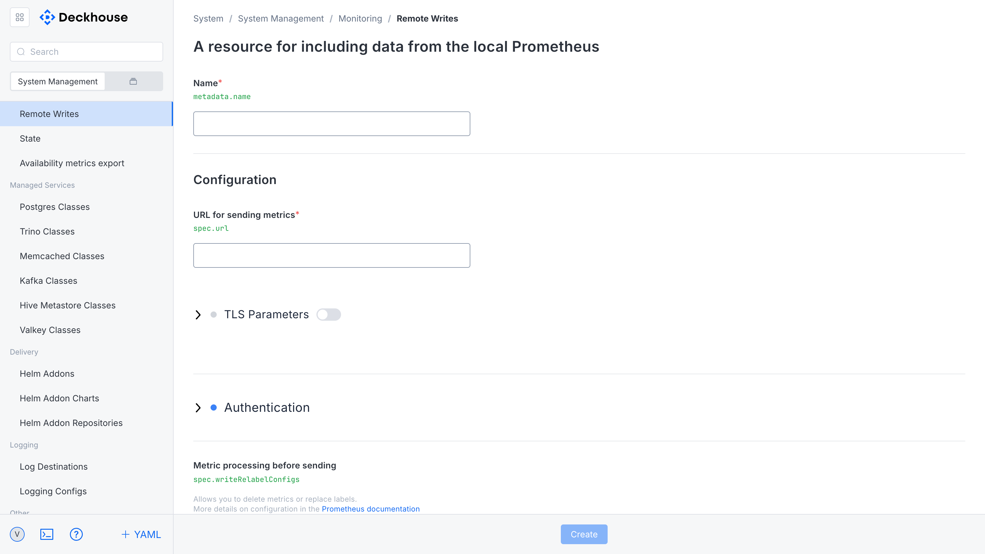 Metric delivery configuration form