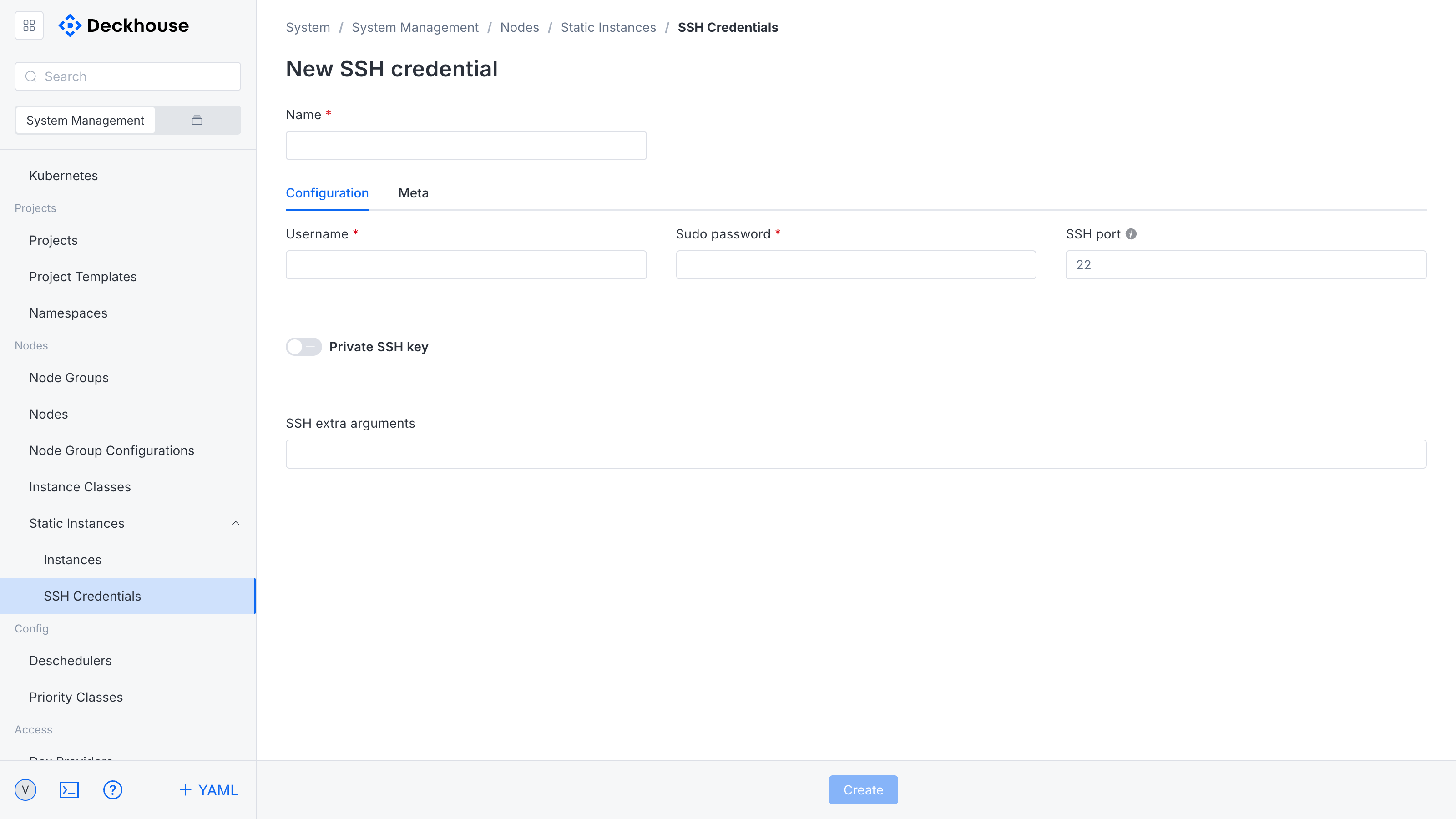 SSH access creation form