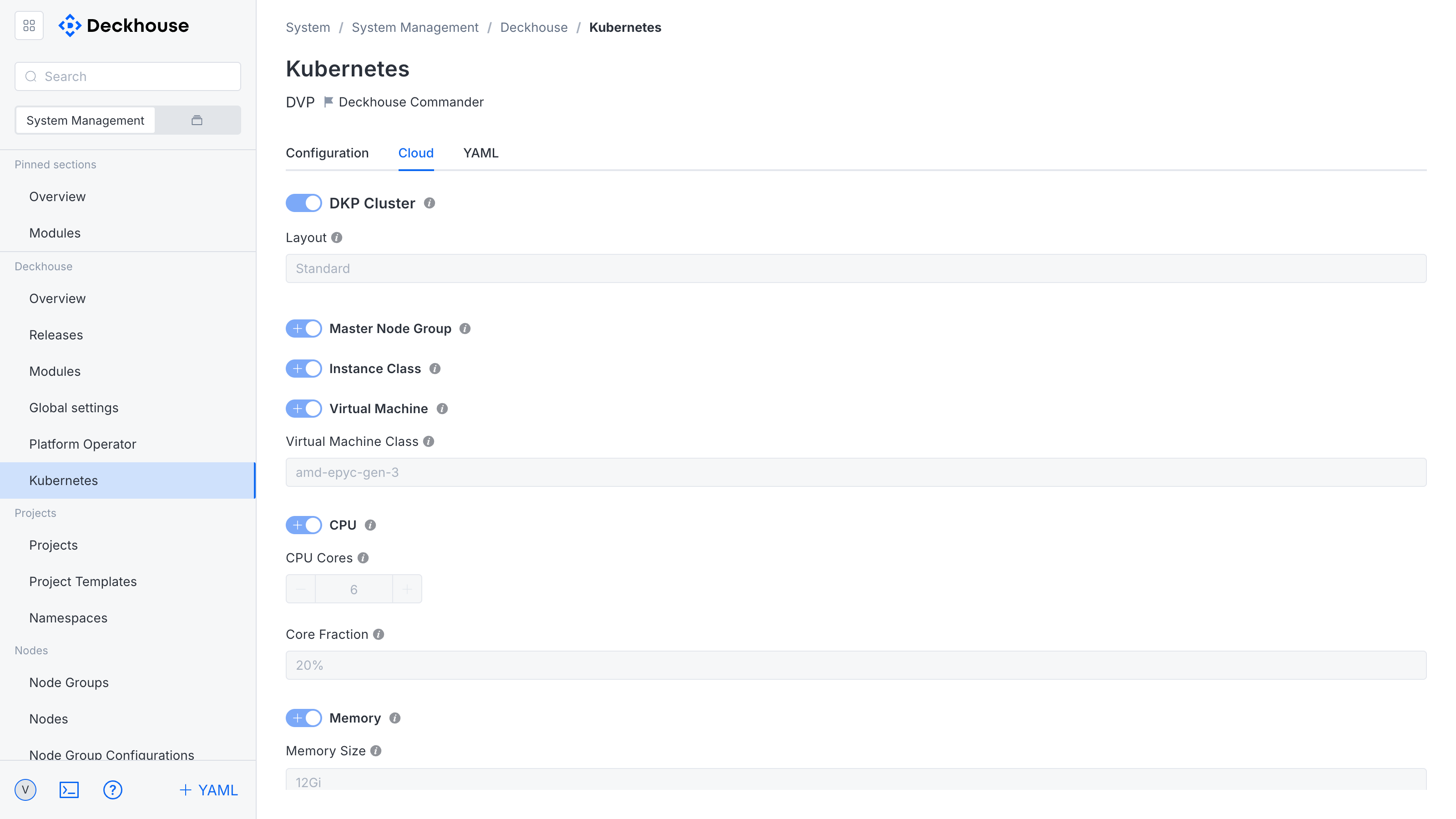 "Cloud" tab of the "Kubernetes" subsection