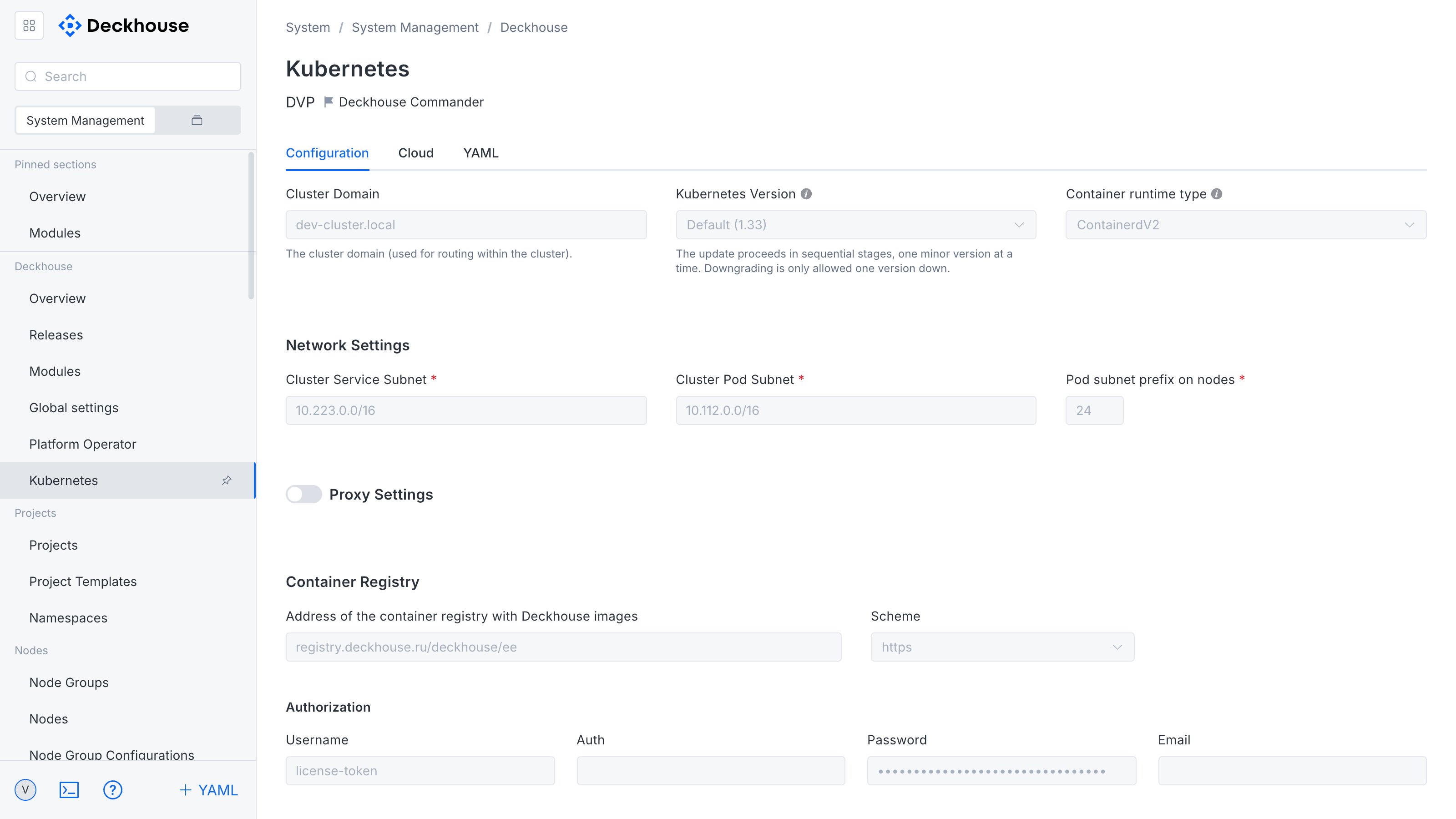 "Configuration" tab of the "Kubernetes" subsection