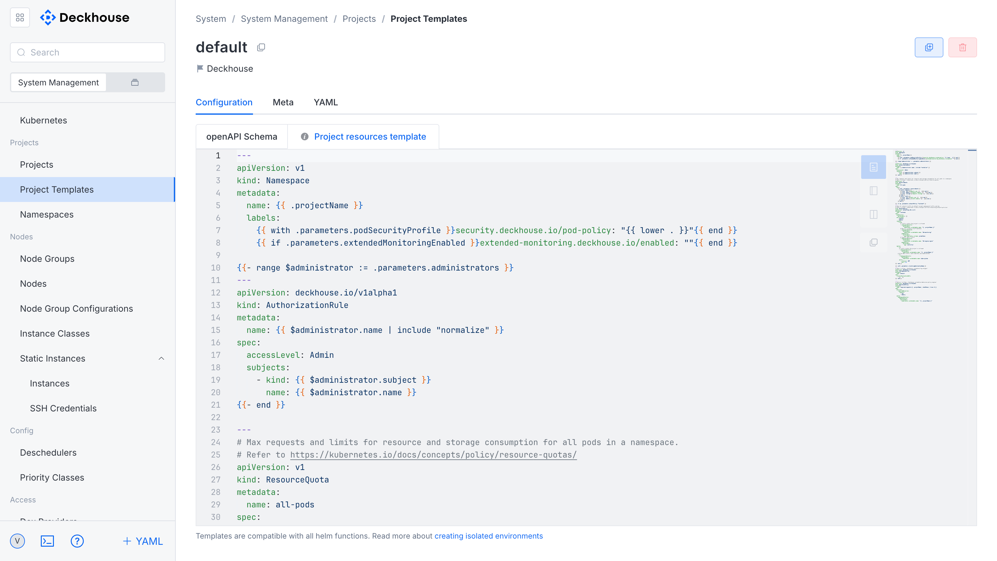 "Project resource template" tab
