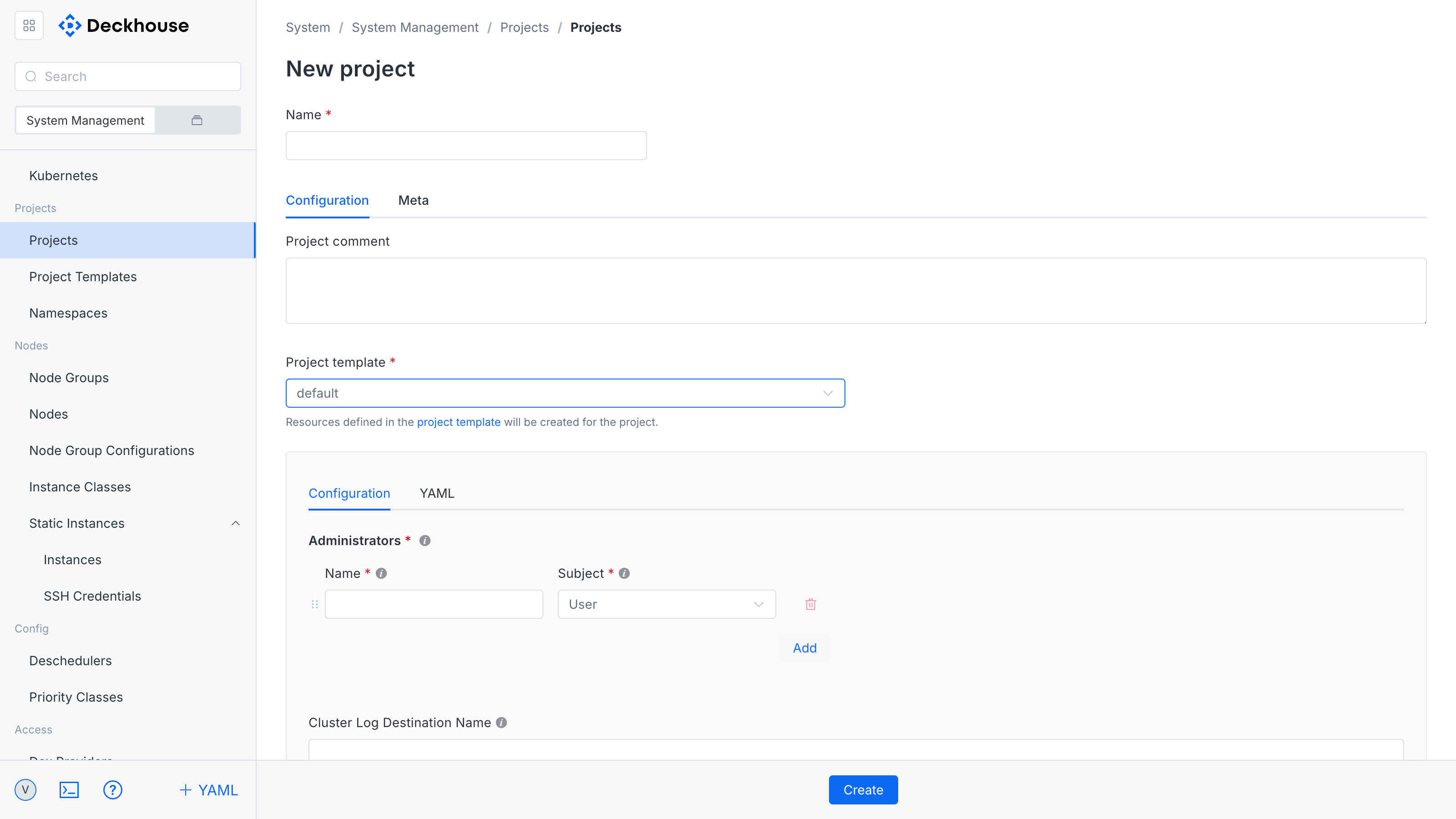 New project creation form