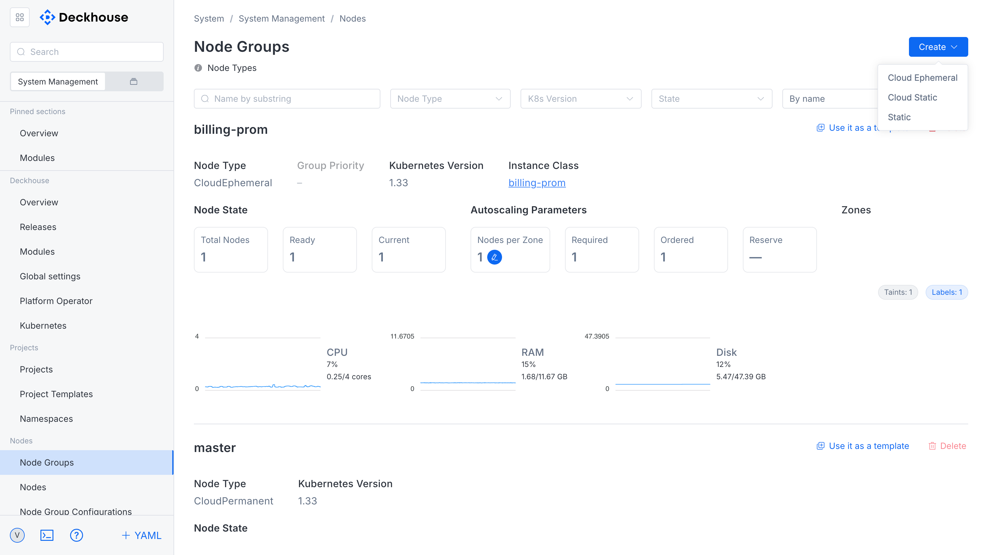 New group creation button in the "Node groups" subsection