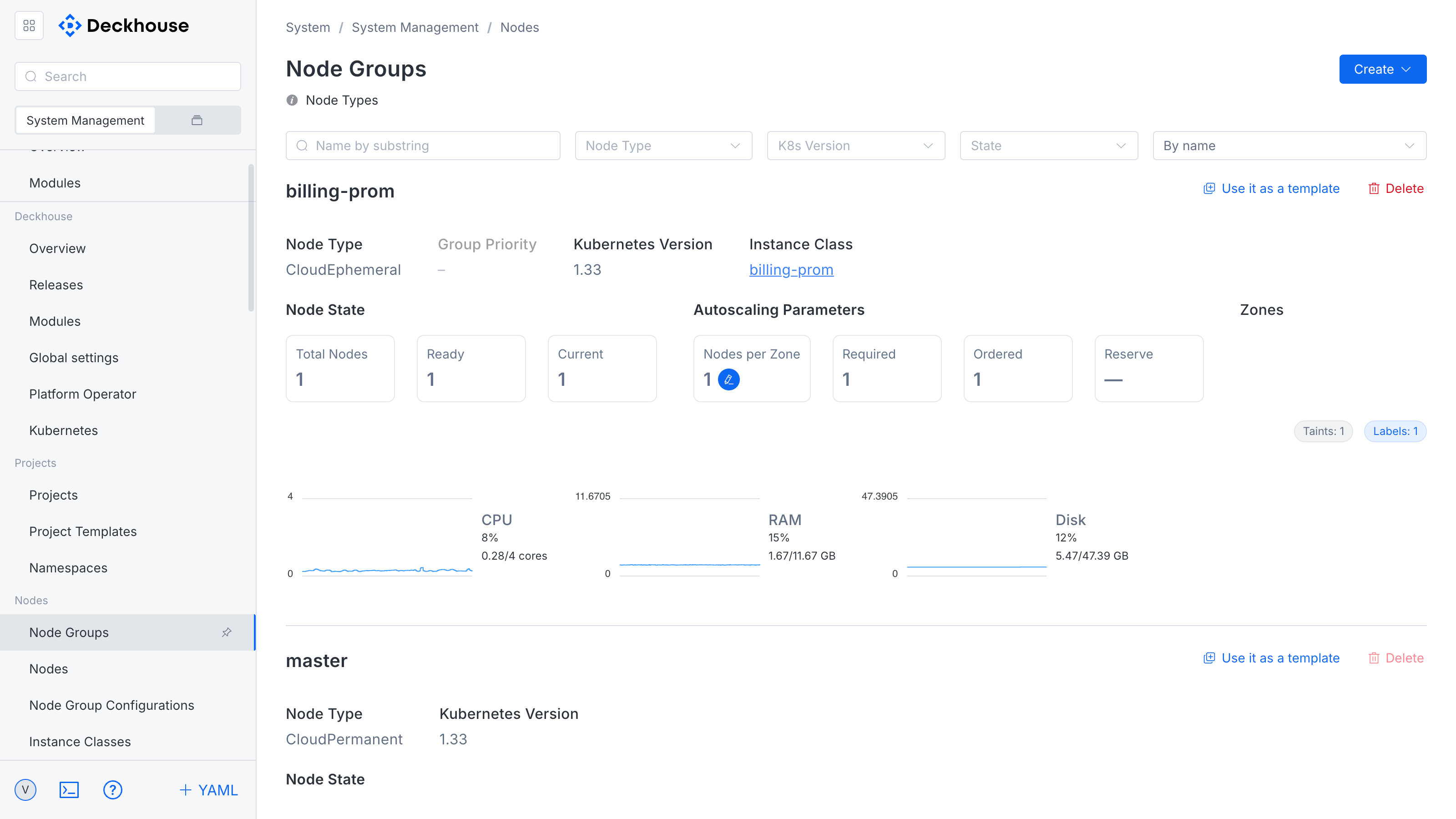 "Node groups" subsection interface