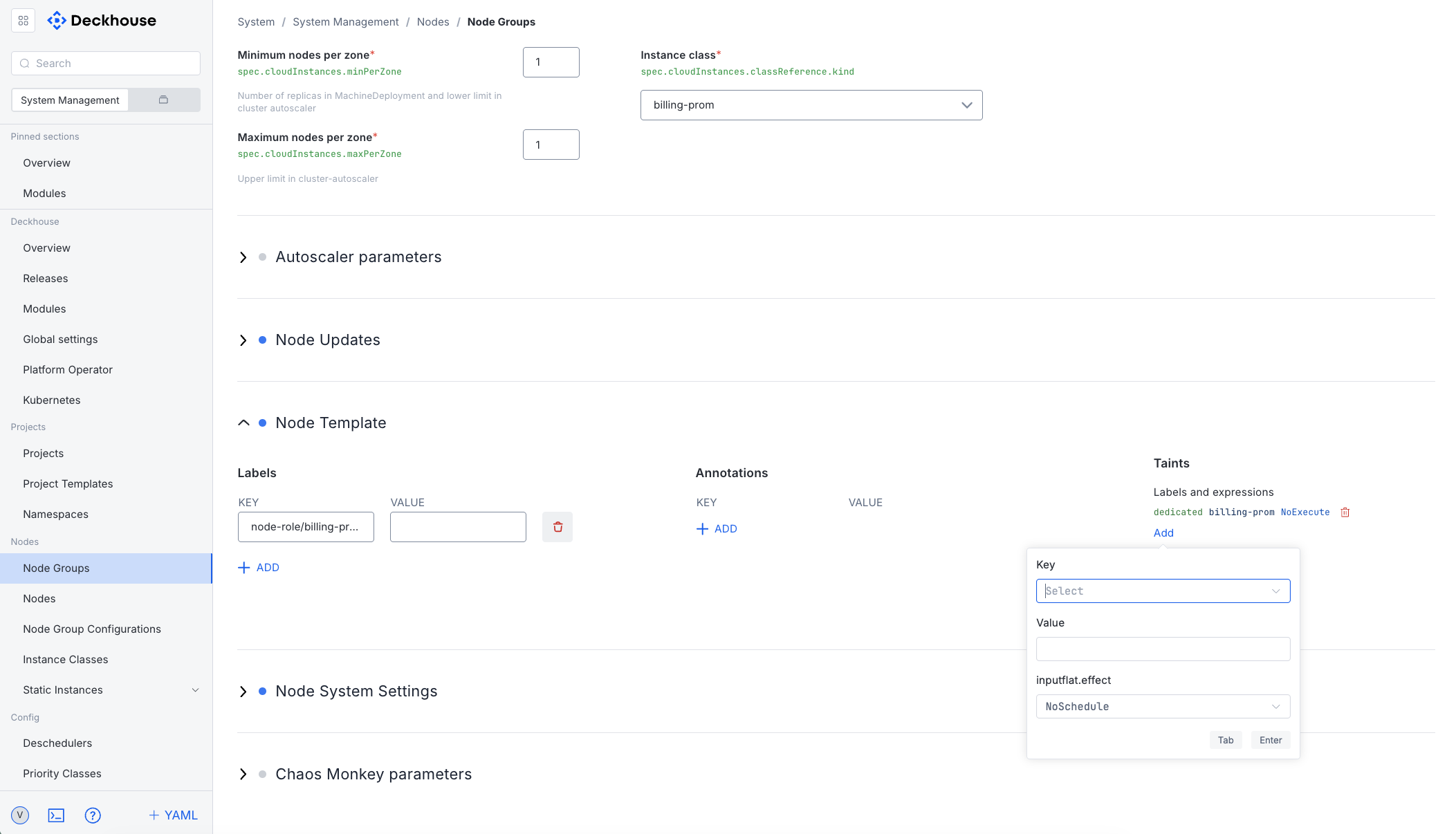 Editing node template parameters in the "Node groups" subsection