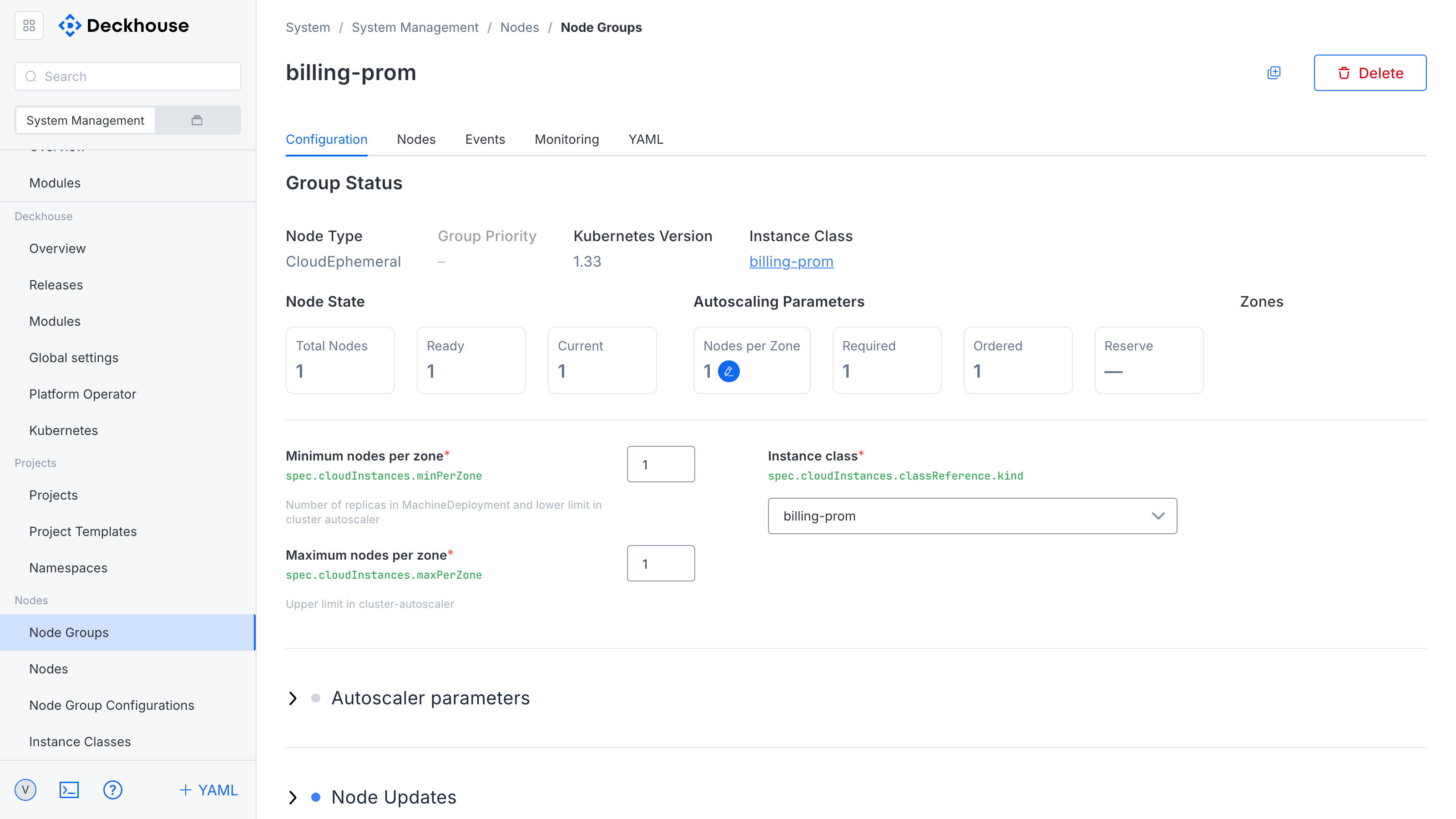 Group status information in the "Node groups" subsection
