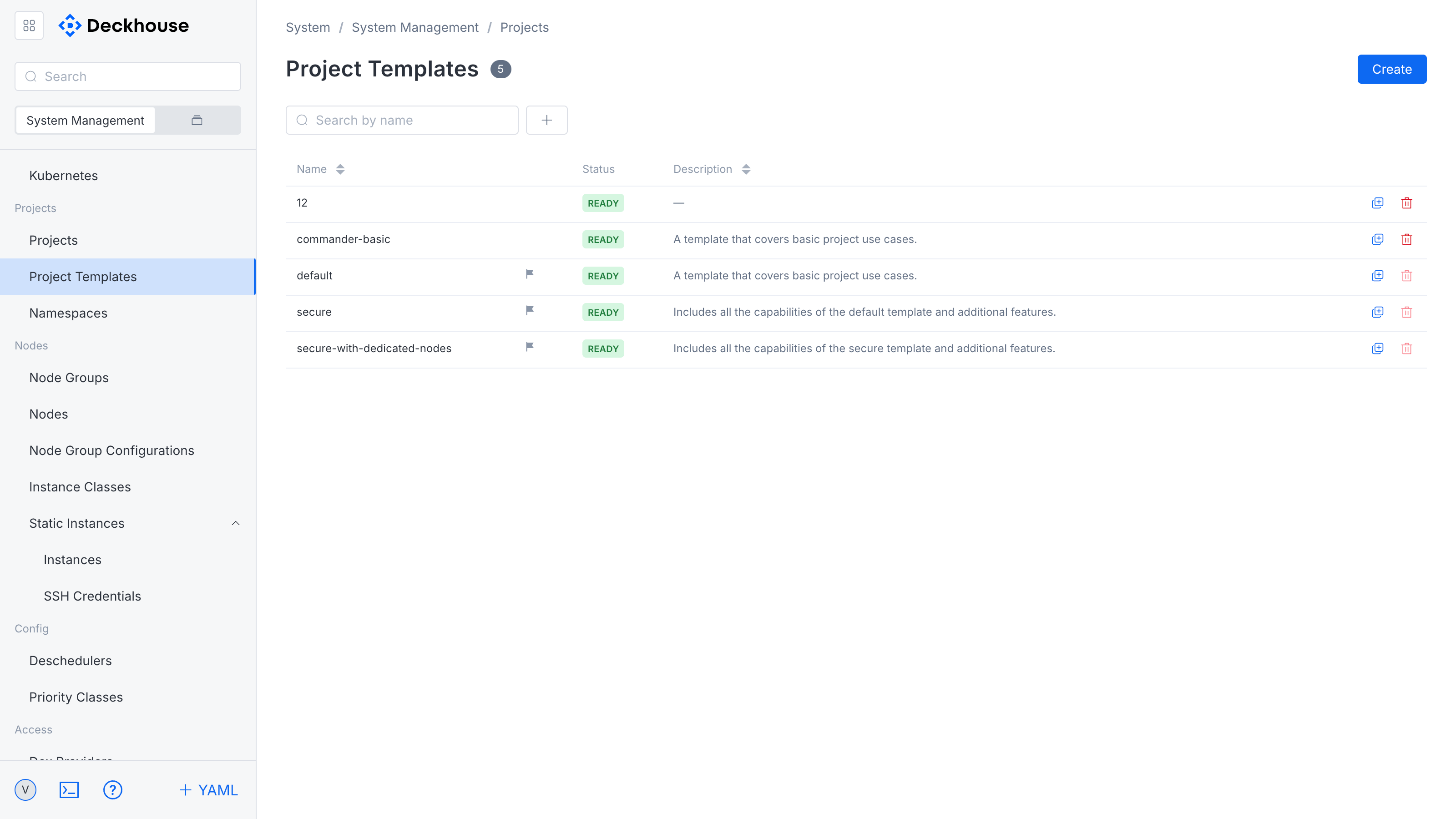 "Project templates" subsection interface