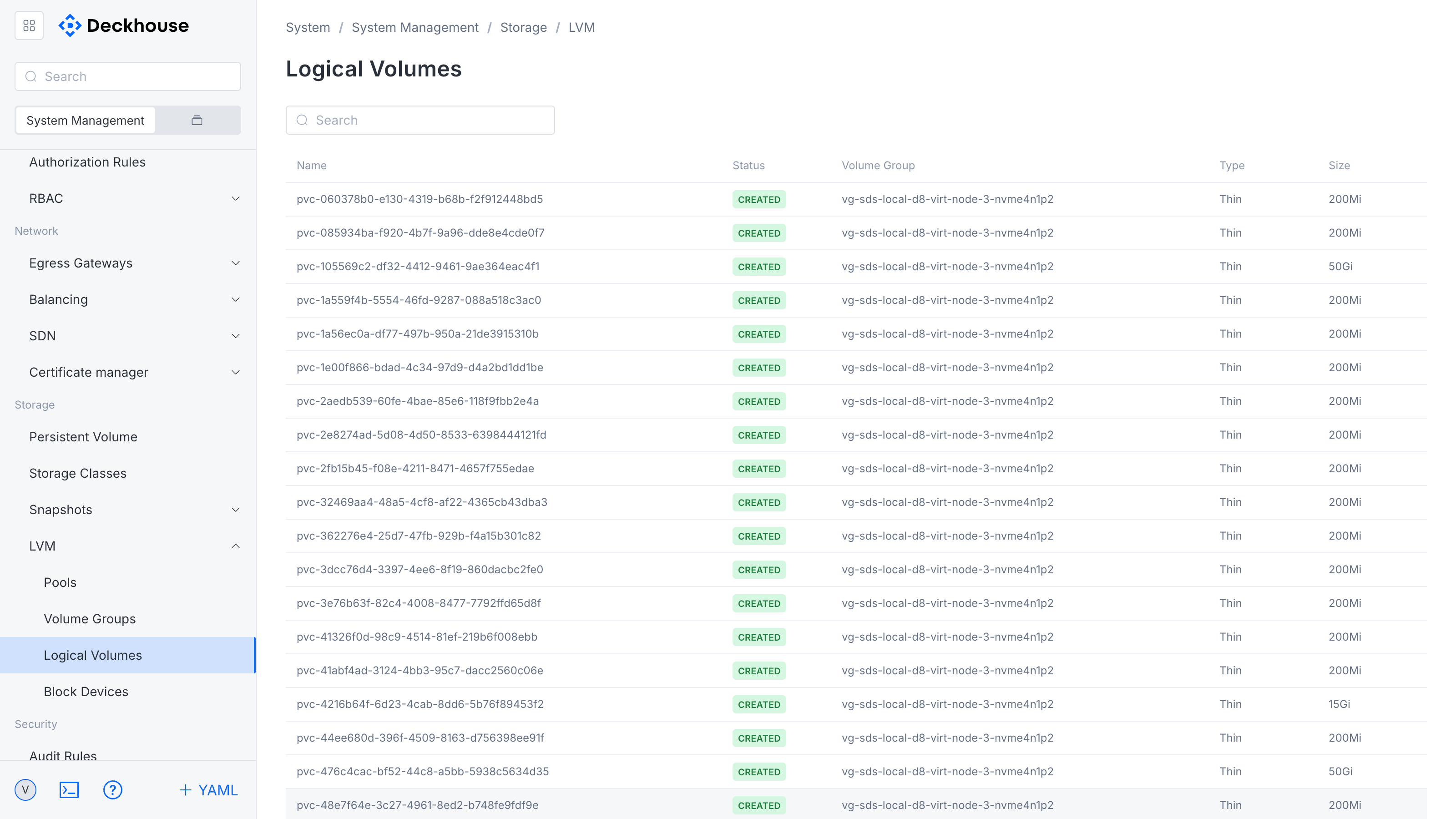 "Logical volumes" section interface
