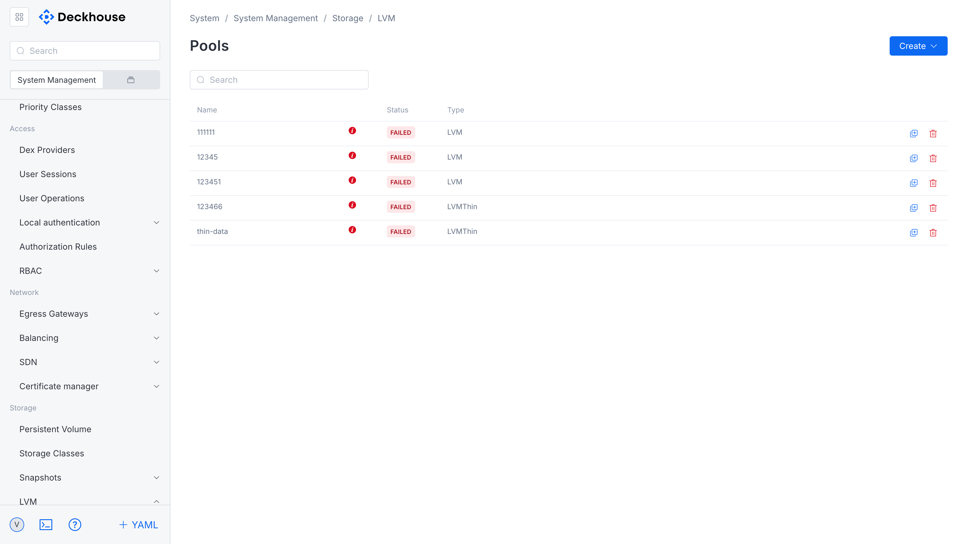 "Pools" section interface