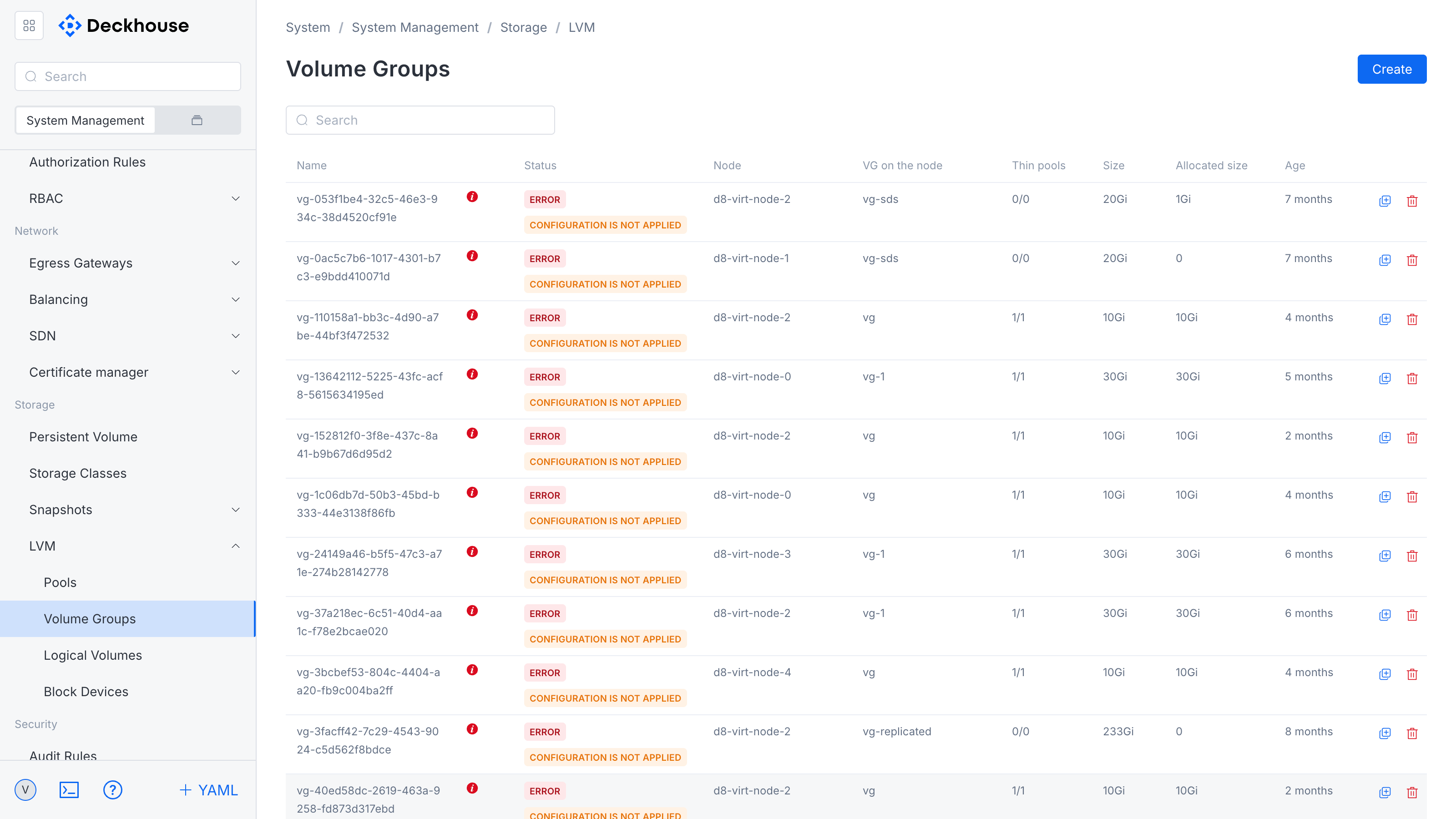"Volume groups" section interface