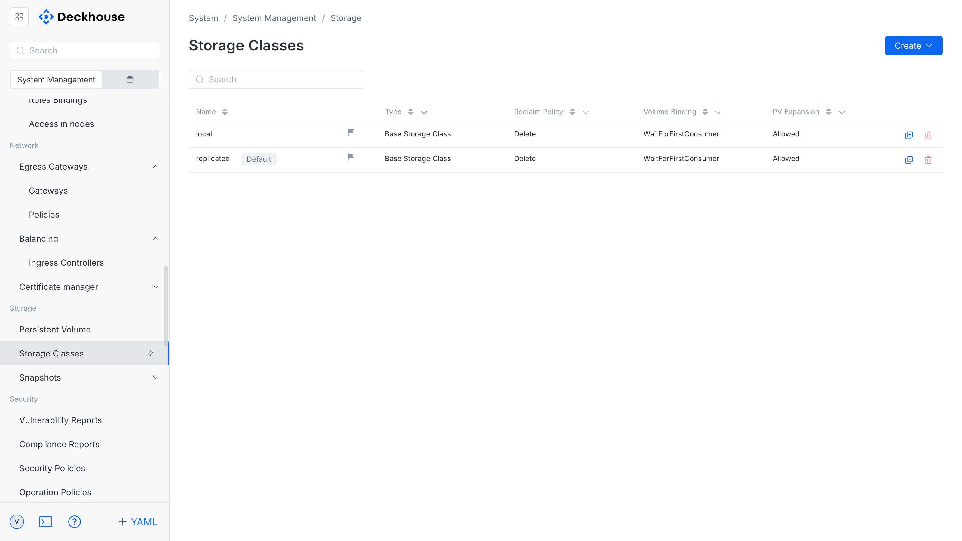 "Storage classes" subsection interface